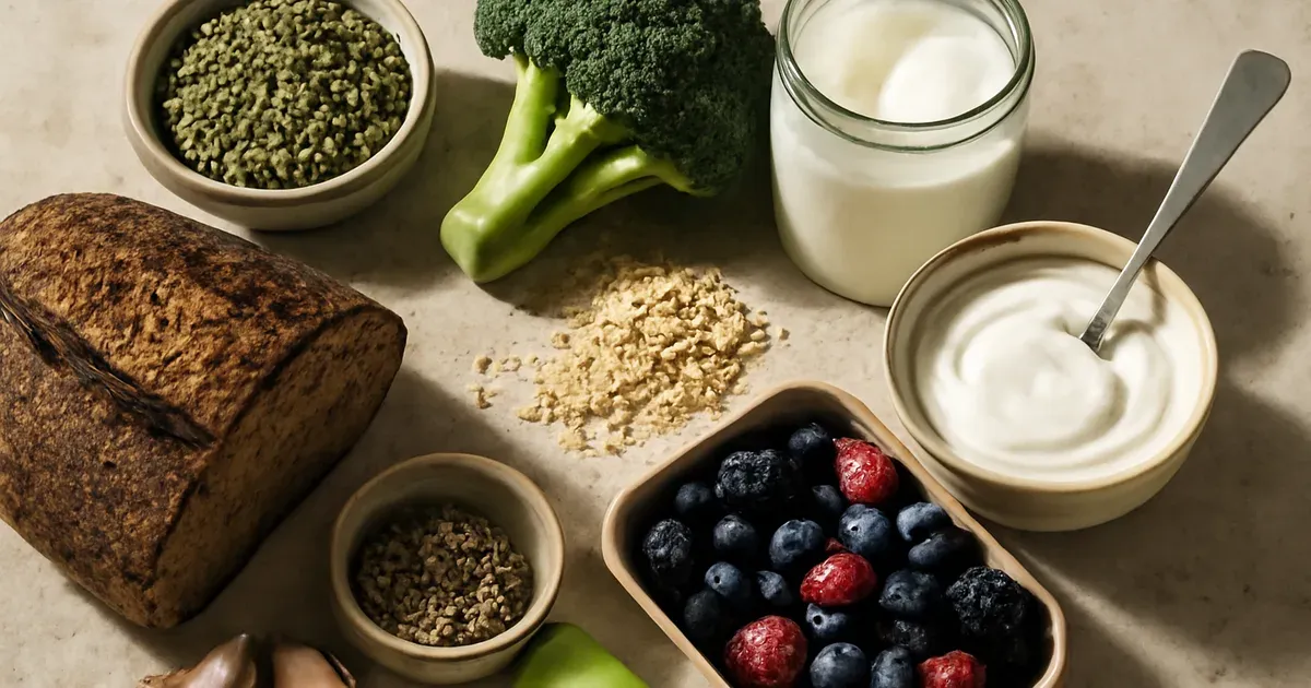 Fibre-rich British foods including kefir, oats, lentils and vegetables that support gut microbiome diversity and oral gut health UK