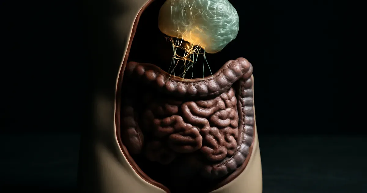 Illustration of the gut-brain connection showing microbiome bacteria communicating with the brain via neural pathways