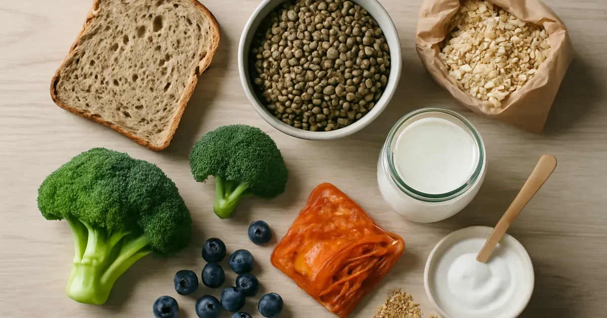 High-fibre British foods supporting gut health UK and the gut-brain connection including kefir, oats, and vegetables