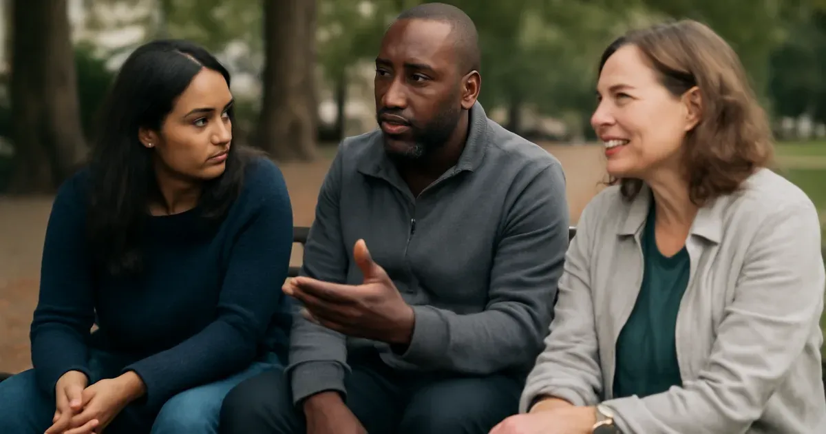 Diverse UK adults socialising outdoors, representing improved social connection linked to gut-brain health