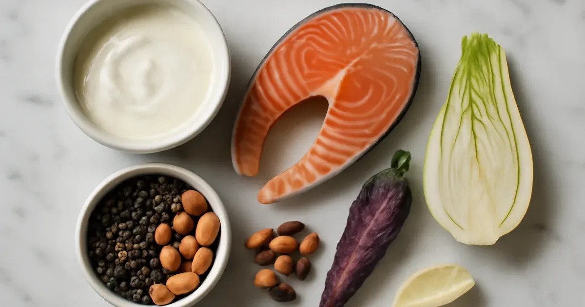 Gut-health foods including yogurt, lentils, salmon and vegetables supporting the gut-brain connection and arthritis management