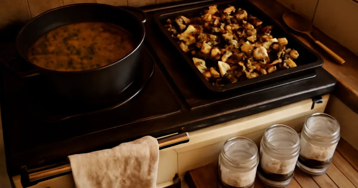 Batch cooking anti-inflammatory turmeric lentil soup and roasted vegetables for arthritis meal prep in a UK kitchen