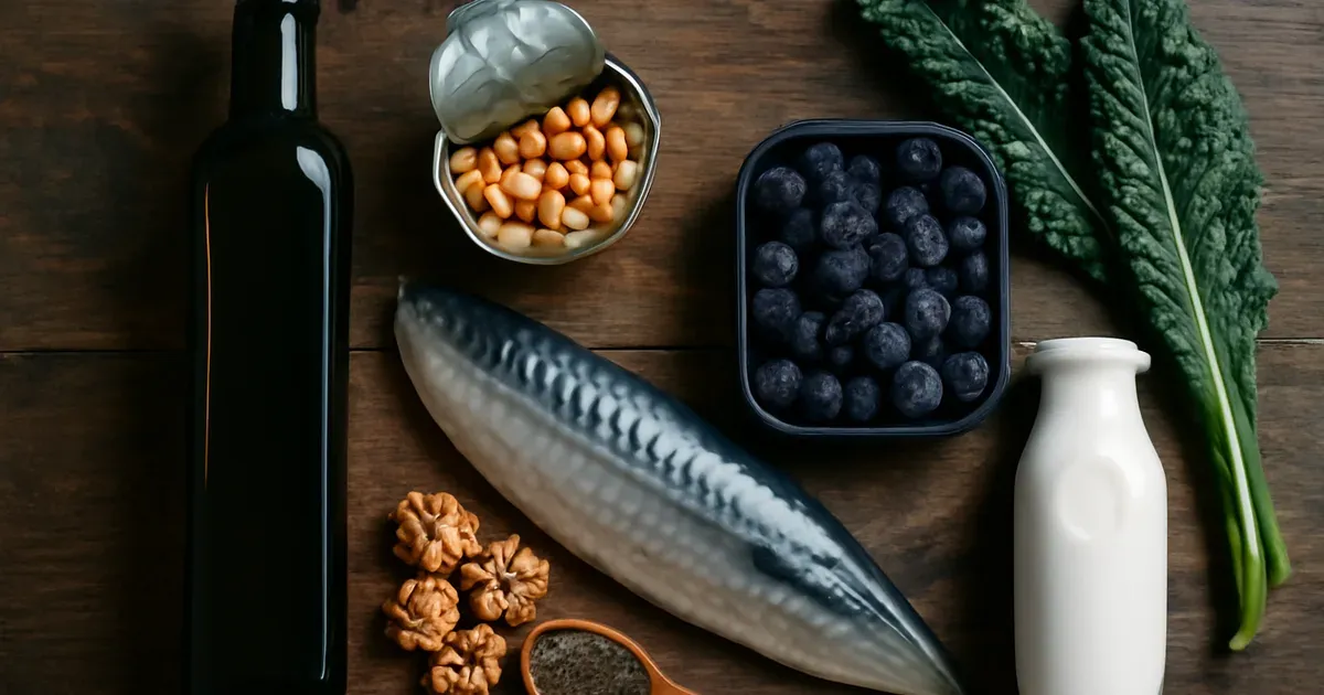 Anti-inflammatory UK supermarket foods including olive oil, chickpeas, mackerel, berries, walnuts and kefir for gut health
