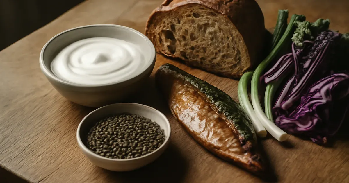 Colourful whole foods including lentils, oily fish and yoghurt supporting gut microbiome diversity for gut health UK