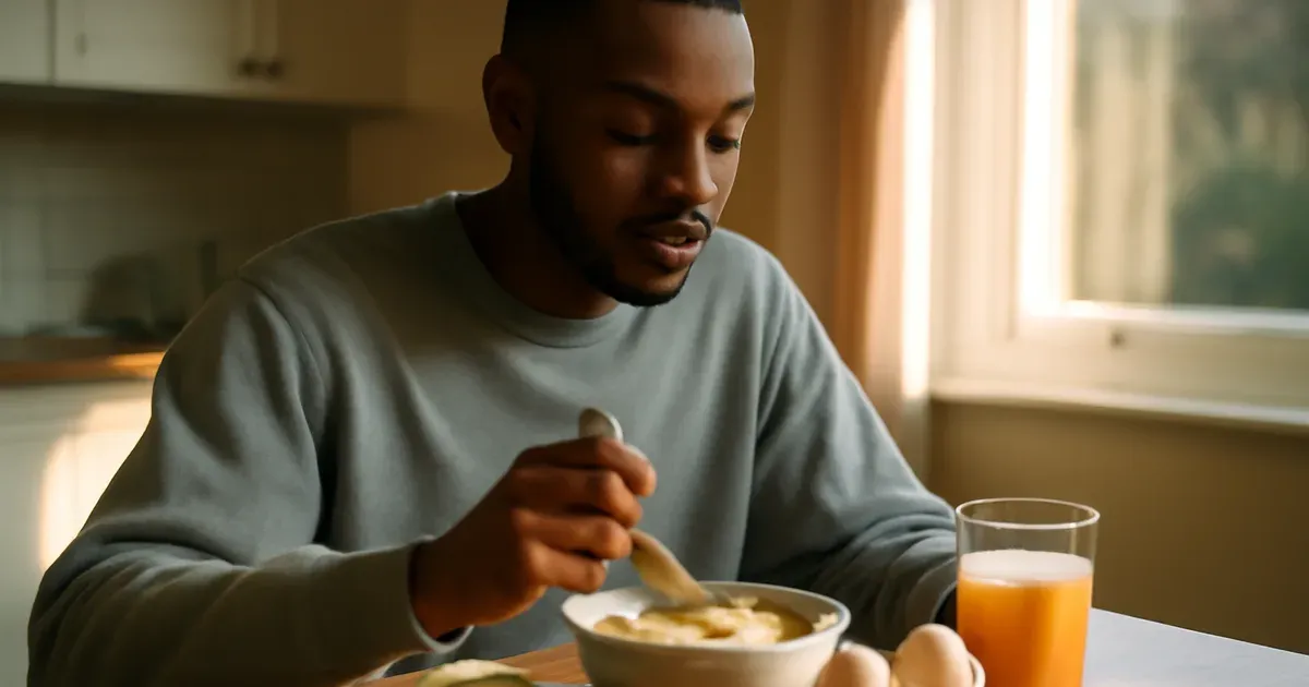 Ectomorph eating a large nutritious meal to support muscle gain and gut health naturally in the UK