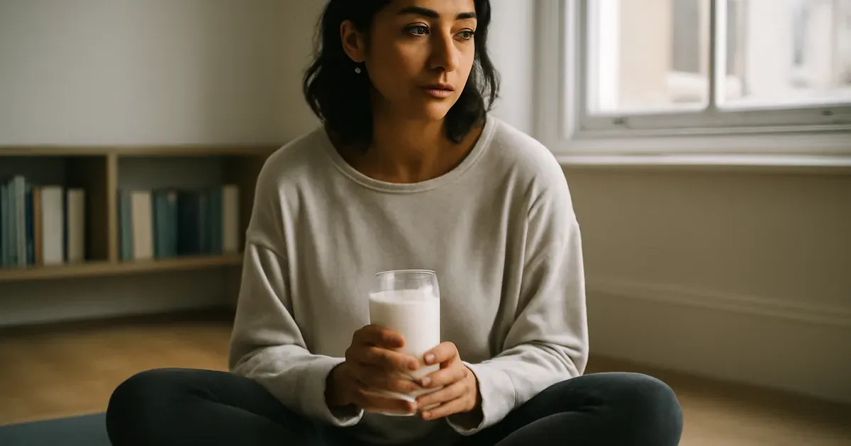 Woman drinking kefir probiotic drink to improve gut health naturally as part of a fitness supplement routine in the UK