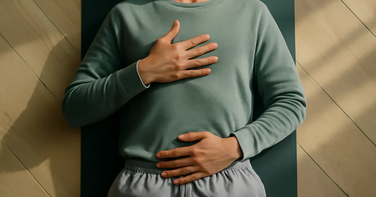 Person placing hands on chest and abdomen during diaphragmatic belly breathing exercise for gut health support