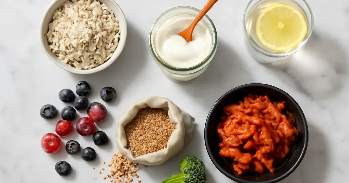 Gut-friendly British foods including oats, berries, kimchi and live yoghurt arranged on marble surface for microbiome UK diet