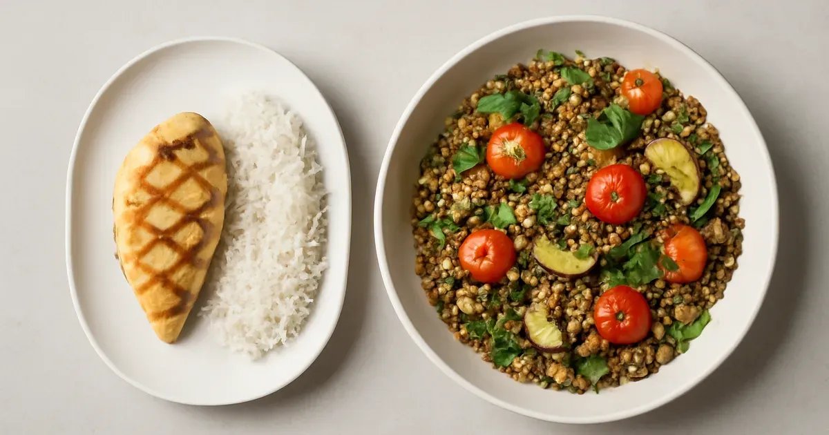 Side-by-side comparison of a high-animal-protein low-fibre meal and a high-fibre plant-based meal for gut health UK