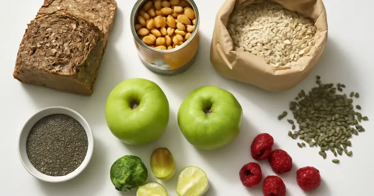 Overhead flat-lay of high-fibre foods including lentils oats chickpeas and fruit to improve gut health naturally in the UK