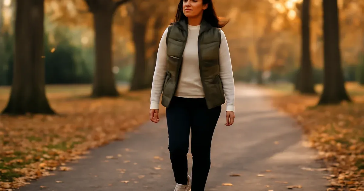 Woman walking in a British autumn park improving gut microbiome diversity and GLP-1 production through regular moderate exercise