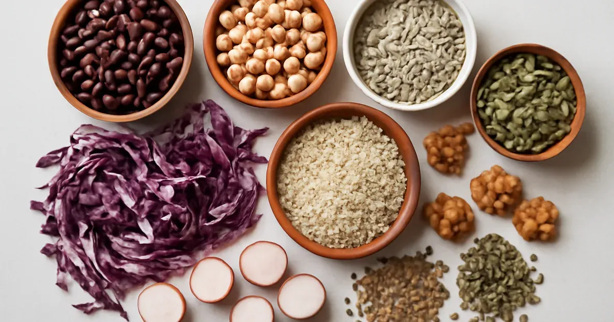 30 diverse plant foods arranged on a white surface representing UK microbiome research on gut diversity