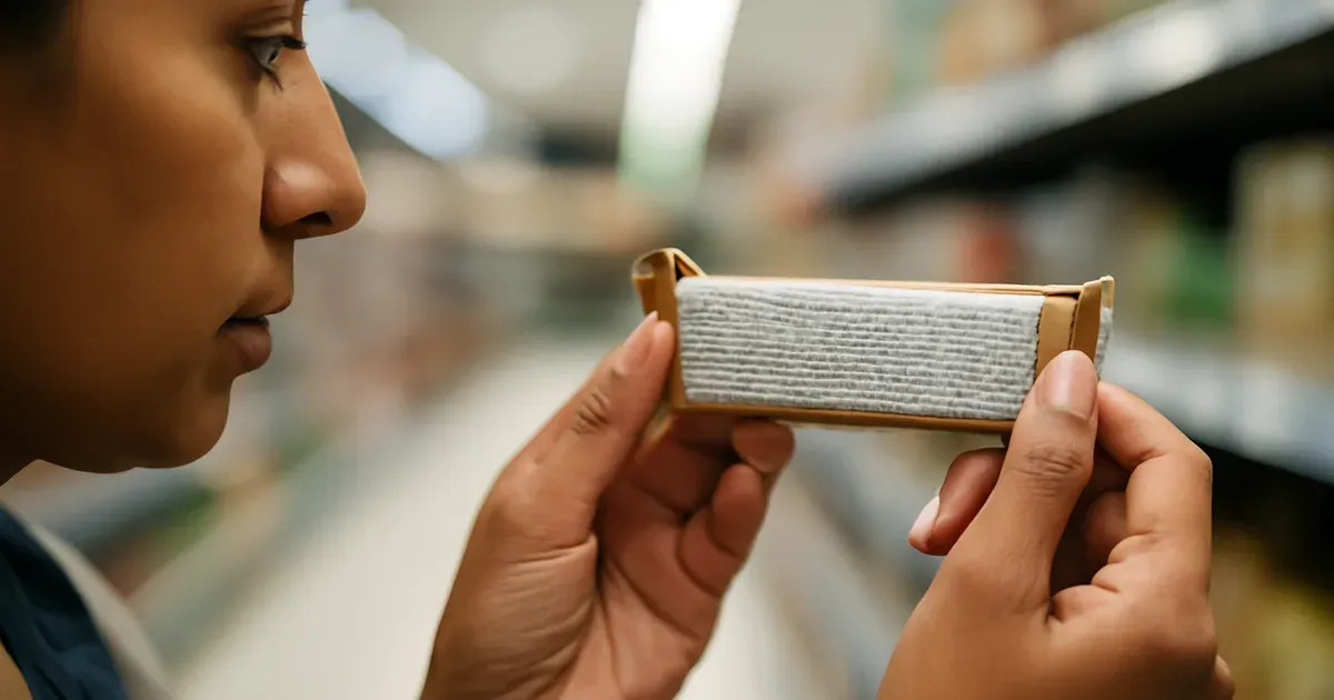 Person reading ingredients label on a snack bar in a UK supermarket to check for high FODMAP ingredients