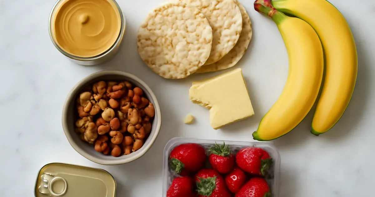 Low FODMAP kitchen staples including peanut butter, rice cakes, nuts, cheddar and fruit arranged on a marble surface
