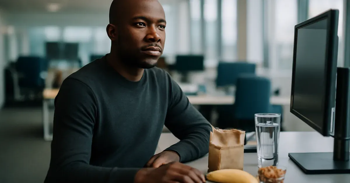 Person snacking on plain popcorn, banana and nuts at a UK office desk — low FODMAP on-the-go snack options
