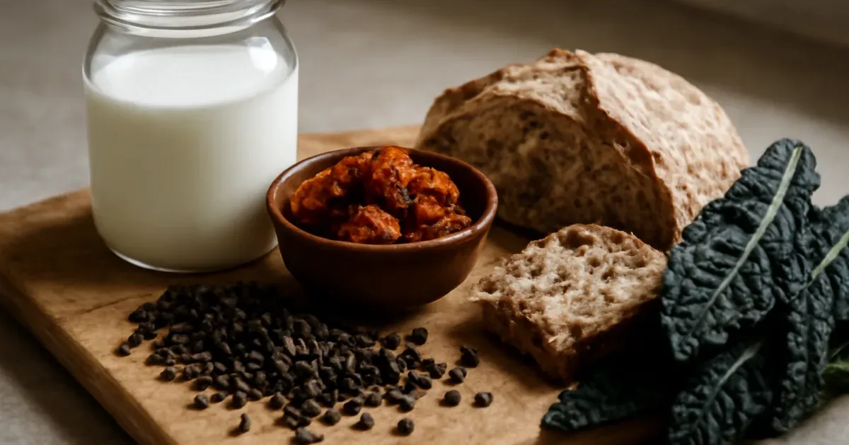 Colourful fermented and fibre-rich foods for gut health UK, including kefir, kimchi, wholegrains and vegetables