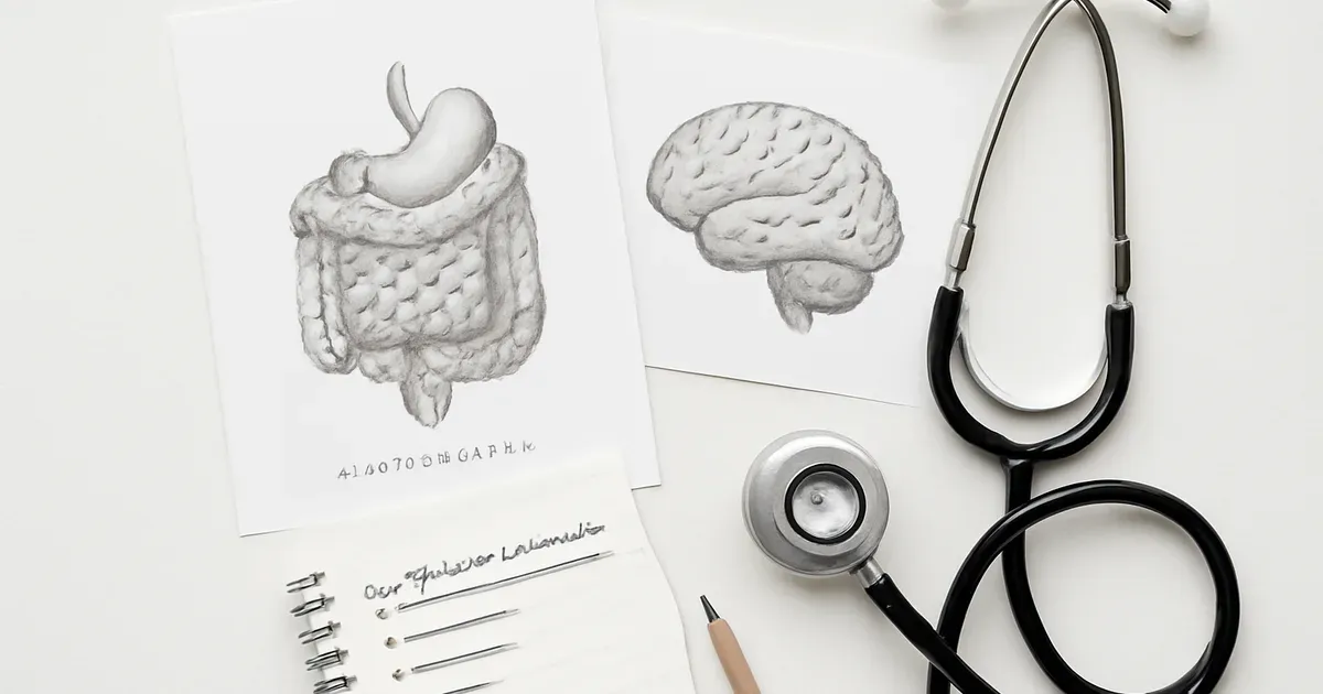 Gut-brain connection diagram with microbiome illustration and brain anatomy, representing UK microbiome research