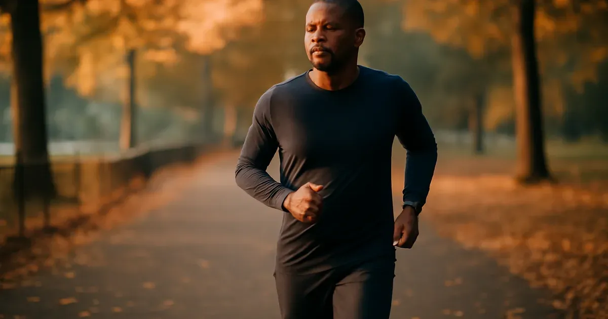 Man jogging in a UK park in autumn, representing exercise as a strategy to improve gut health naturally