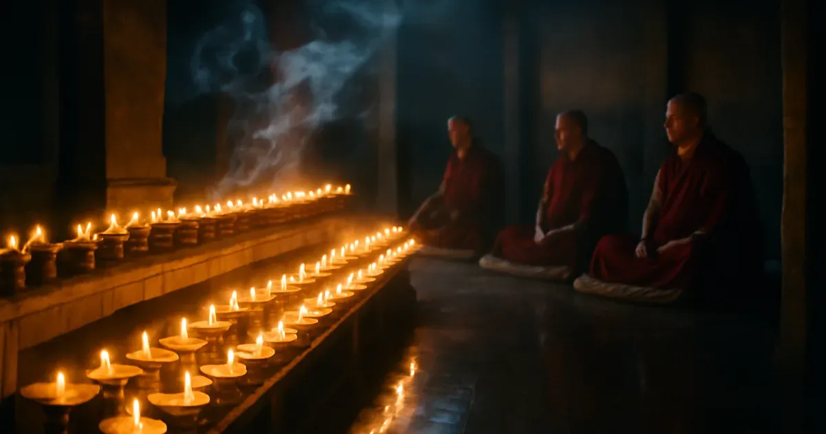 Tibetan Buddhist monks meditating in a temple, referencing the General Psychiatry study on meditation and gut microbiome