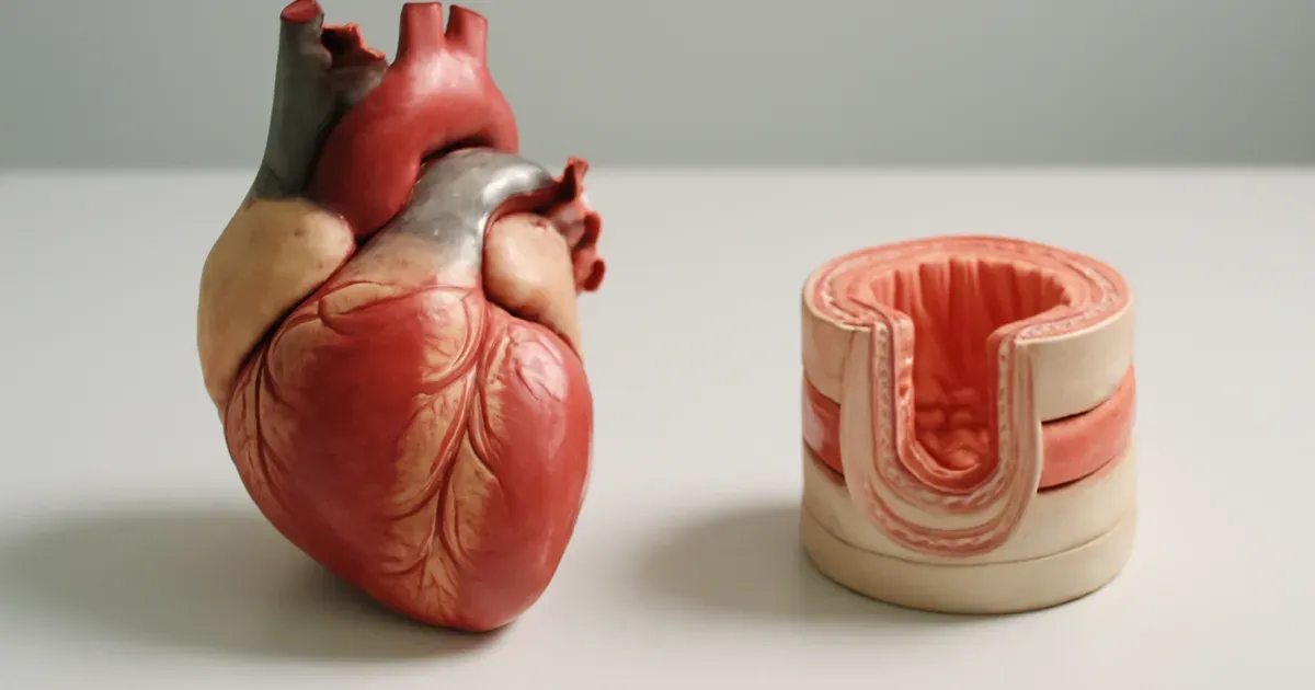 Anatomical heart model beside gut cross-section illustrating the gut-heart connection and microbiome cardiovascular risk