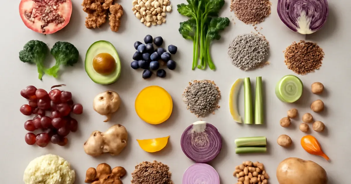 Flat-lay of 30 different plant foods including fruits vegetables legumes nuts seeds representing the 30 plants a week gut health rule