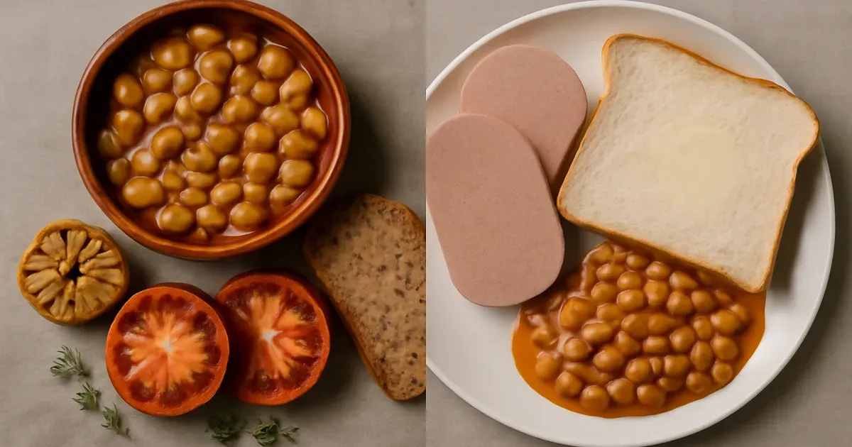 Side-by-side comparison of Mediterranean diet and standard British diet showing contrast in plant diversity and gut health impact