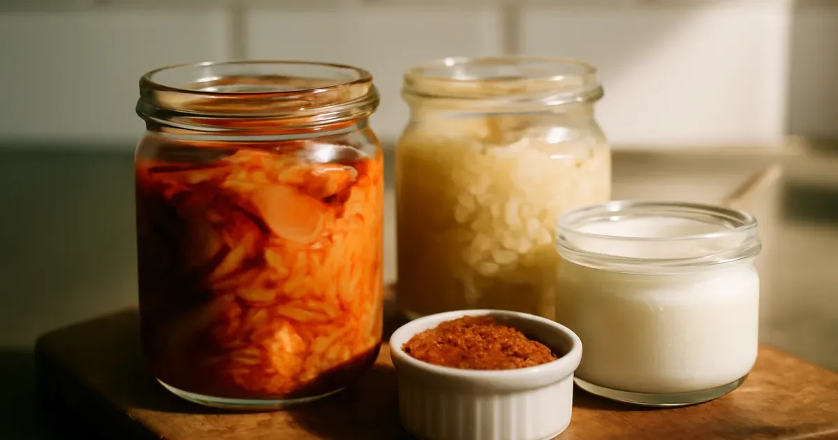 Fermented foods including kefir and sauerkraut to support gut-brain connection and microbiome UK health