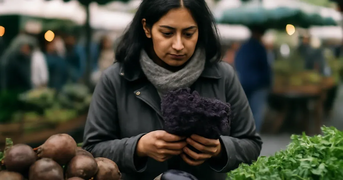 UK adult woman choosing plant-diverse foods at a farmers market to support gut health and microbiome diversity