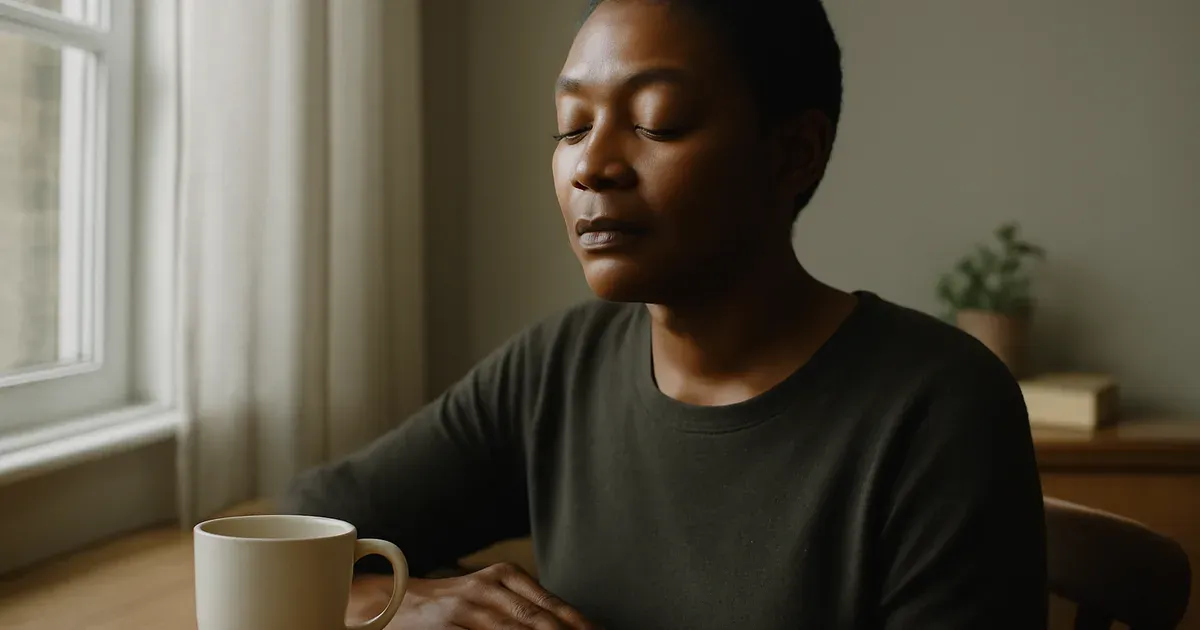 UK adult practising mindfulness breathing to support the gut-brain connection and reduce stress-related gut dysbiosis