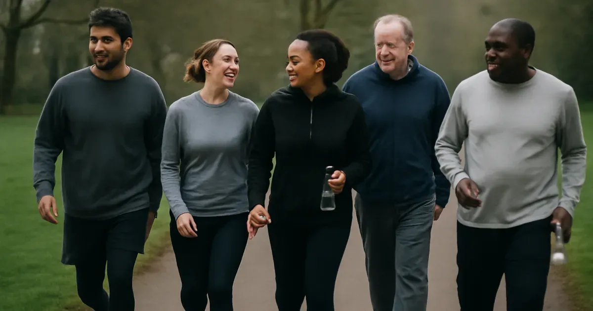 Diverse group of UK adults on a community parkrun, combining social connection and movement to improve gut health naturally
