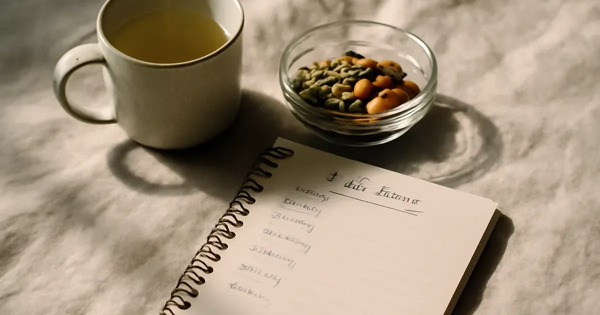 Gut health journal and whole foods flat-lay representing a practical plan to improve gut health naturally in the UK