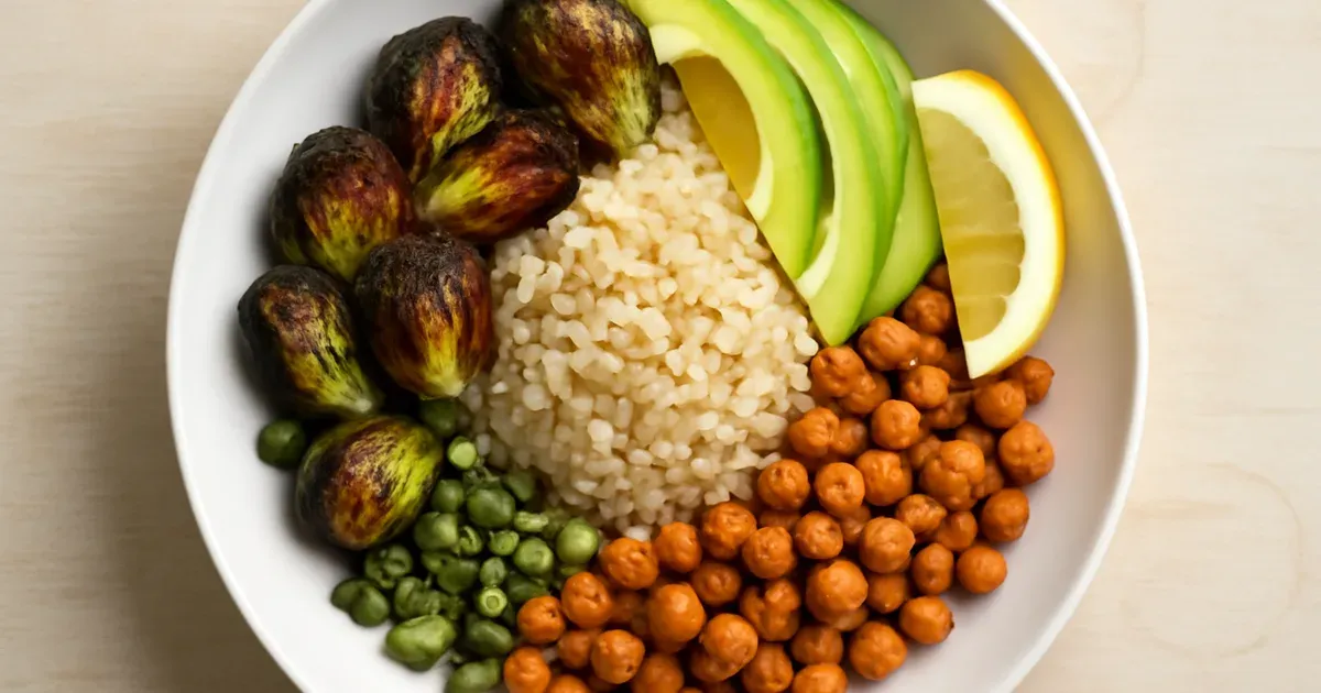 Colourful high-fibre grain bowl with chickpeas, brown rice, and vegetables to support gut health UK