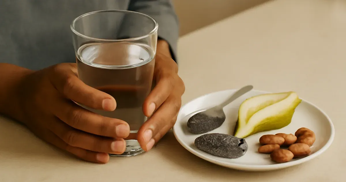 Hands holding a glass of water beside high-fibre snacks including chia seeds, pear, and almonds for gut health
