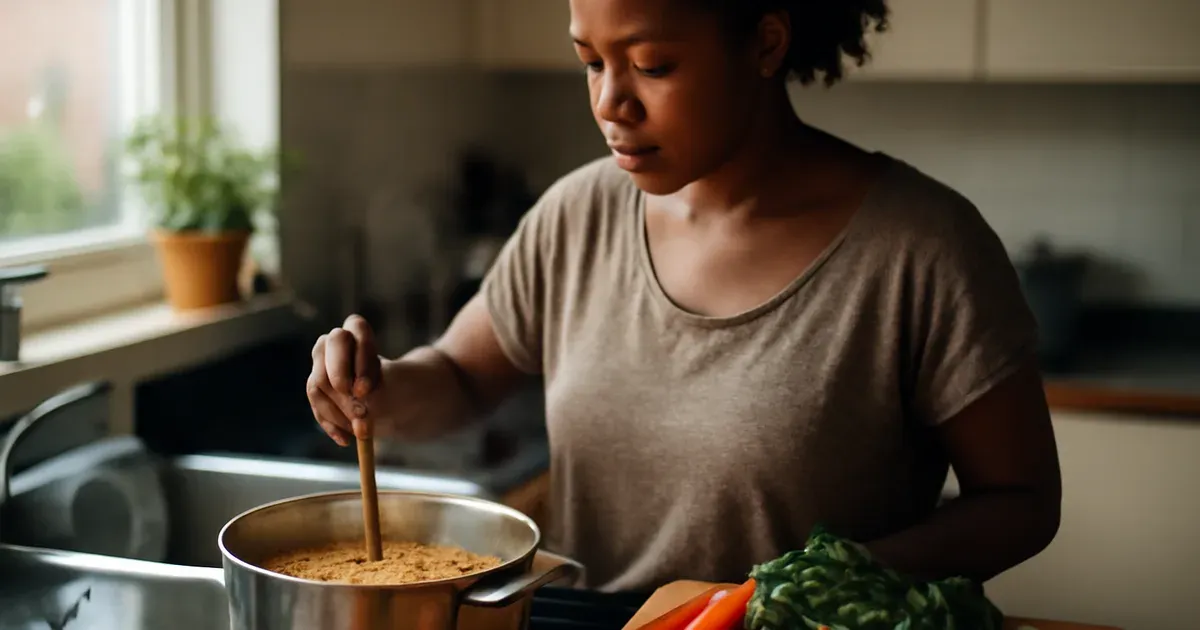 Woman preparing a high-fibre lentil soup in a UK kitchen to improve gut health naturally