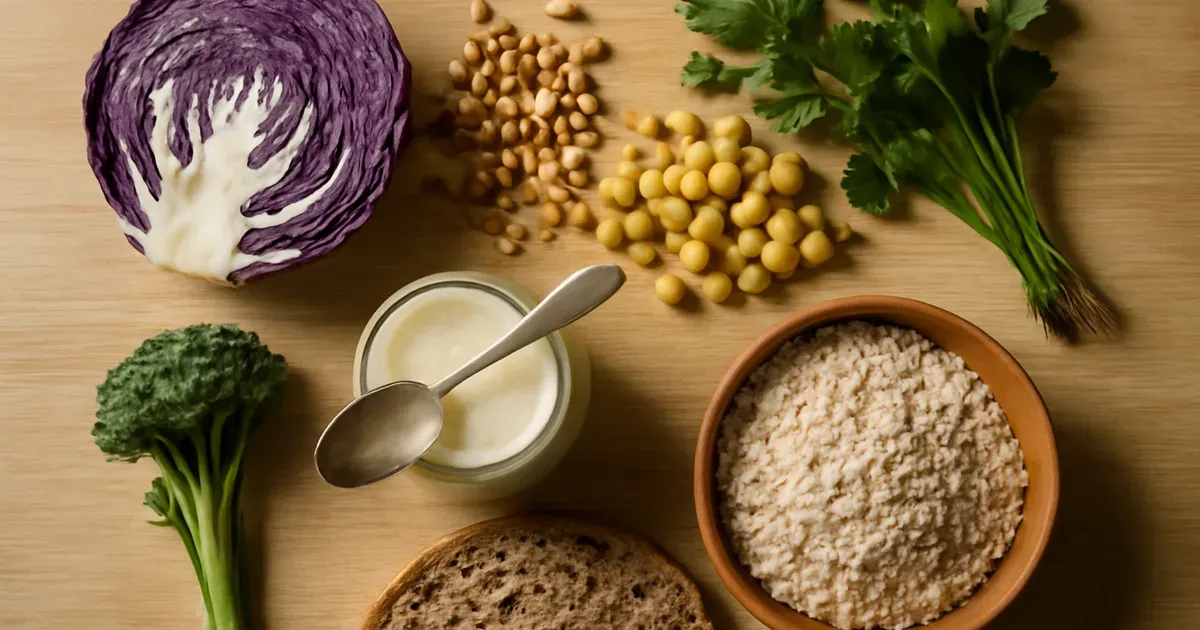 Plant-diverse whole foods supporting oral microbiome and gut health UK naturally on wooden surface