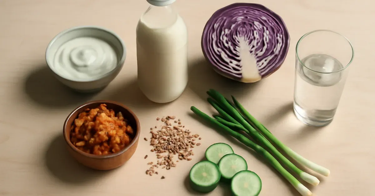 Gut and oral microbiome supporting foods including kefir, yogurt, vegetables and wholegrains for UK gut health