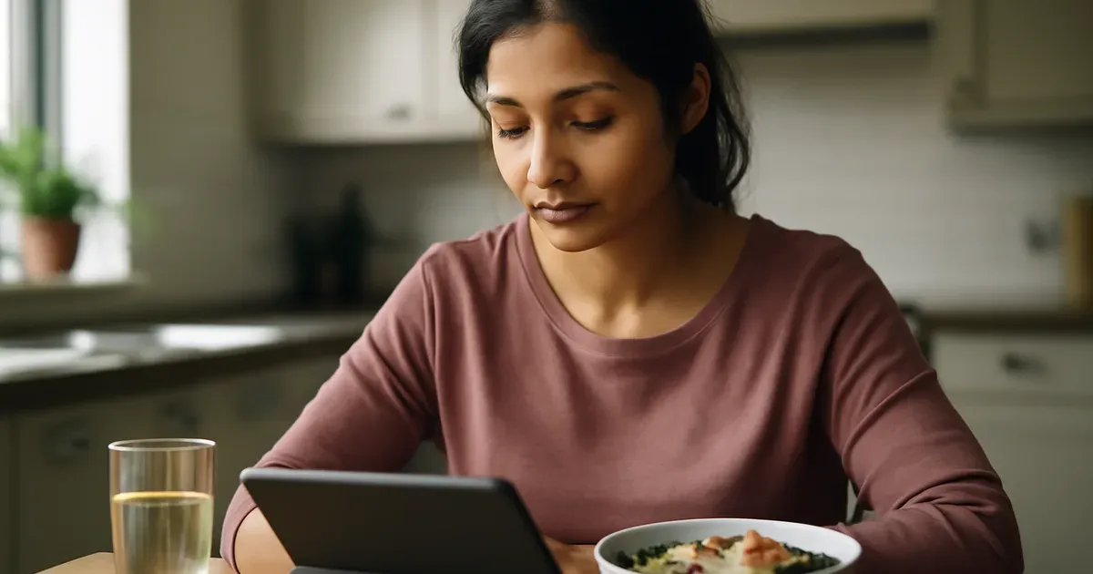 UK adult woman researching oral microbiome and gut health information at home to improve gut health naturally