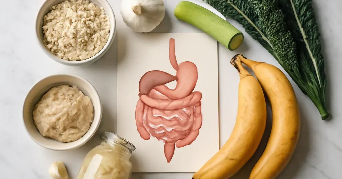 Gut-friendly foods including oats, garlic and fermented foods to support microbiome UK health and reduce stress-related gut disruption