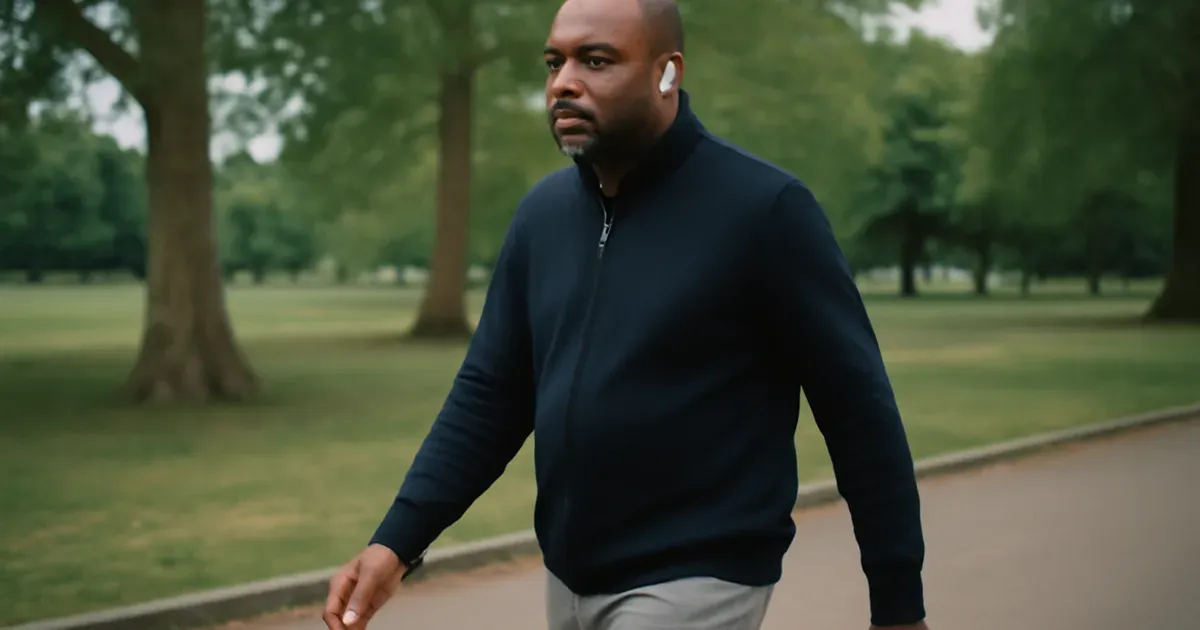 Man walking in UK park as part of stress management routine to support gut health and microbiome diversity