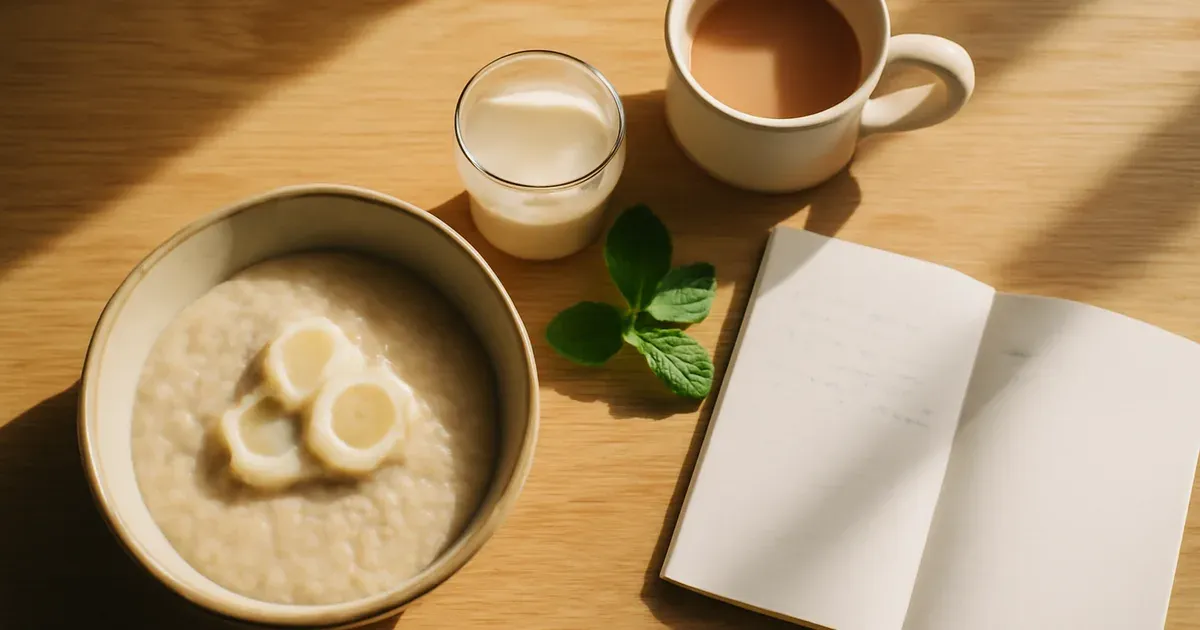 Gut-friendly breakfast with kefir and oats paired with a breathwork journal, supporting improve gut health naturally UK routine
