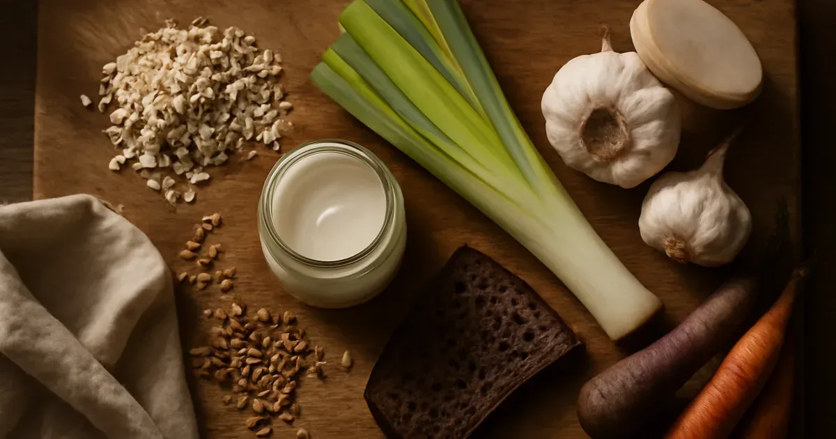 High-fibre plant foods including oats, leeks, garlic and yoghurt that support gut health UK microbiome diversity