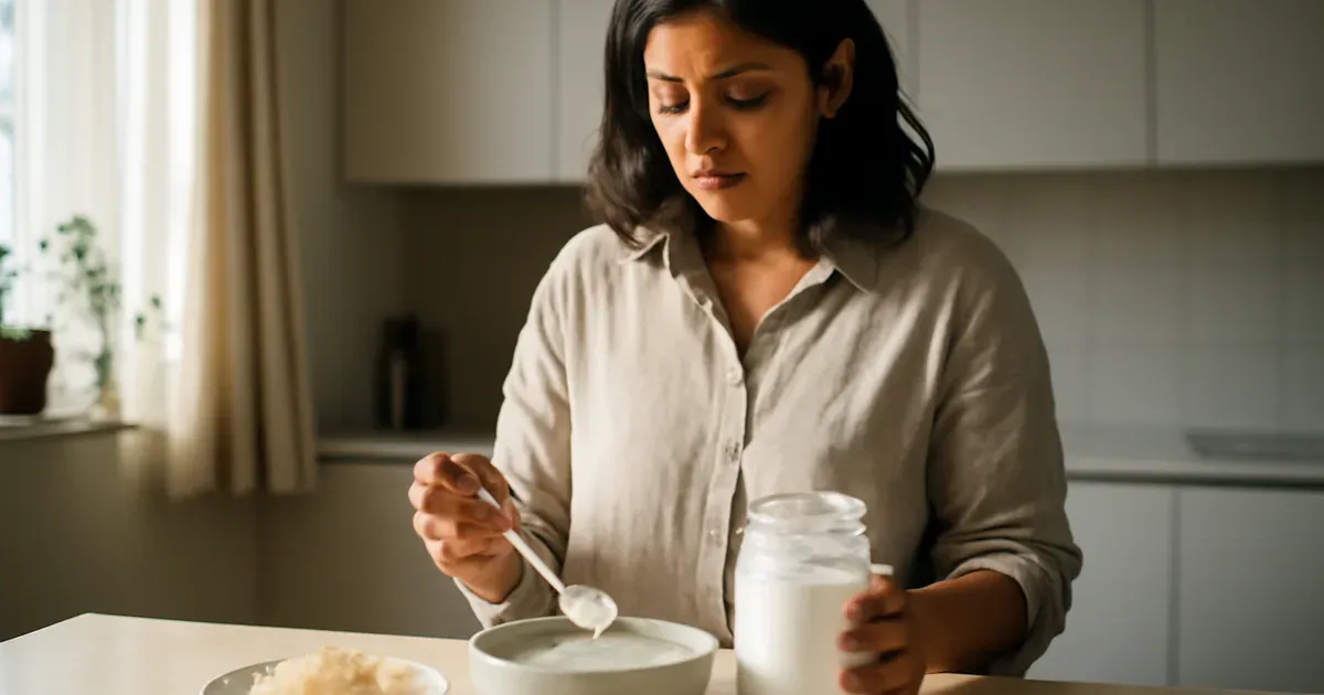 Woman preparing fermented foods like yoghurt and sauerkraut to improve gut health naturally in a UK kitchen