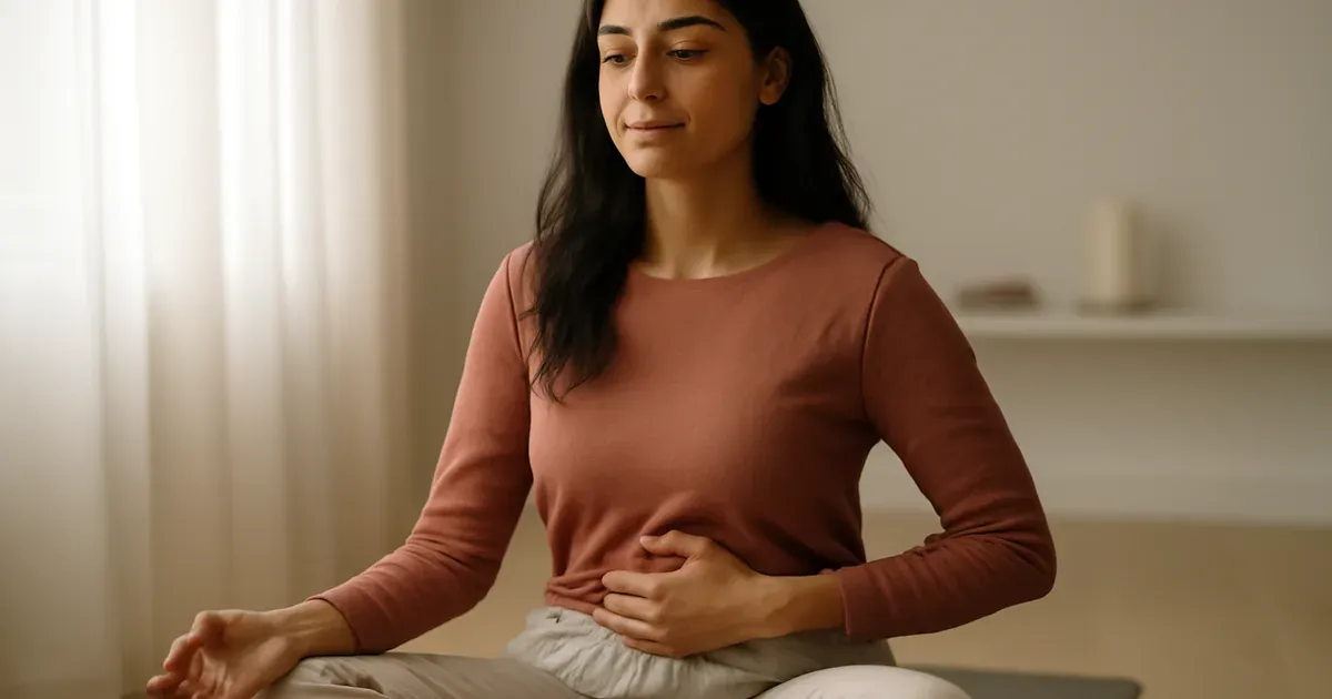 Woman practising breathing exercises to reduce cortisol and support gut-brain connection and microbiome health UK