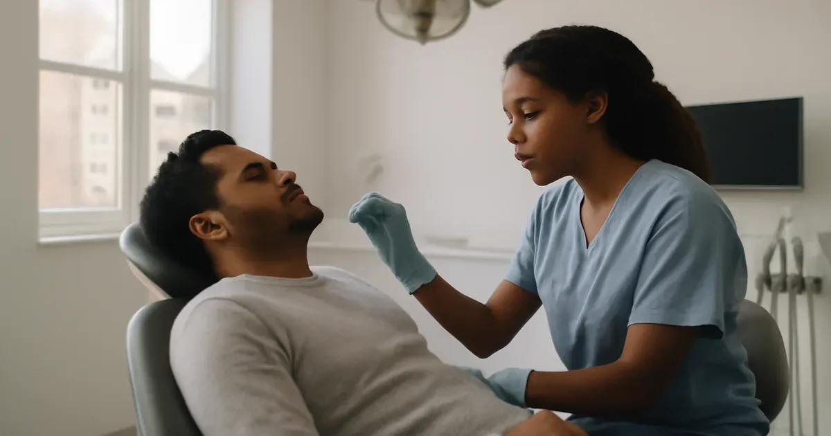 UK dentist examining a patient's oral health in a modern dental practice — oral microbiome and systemic health