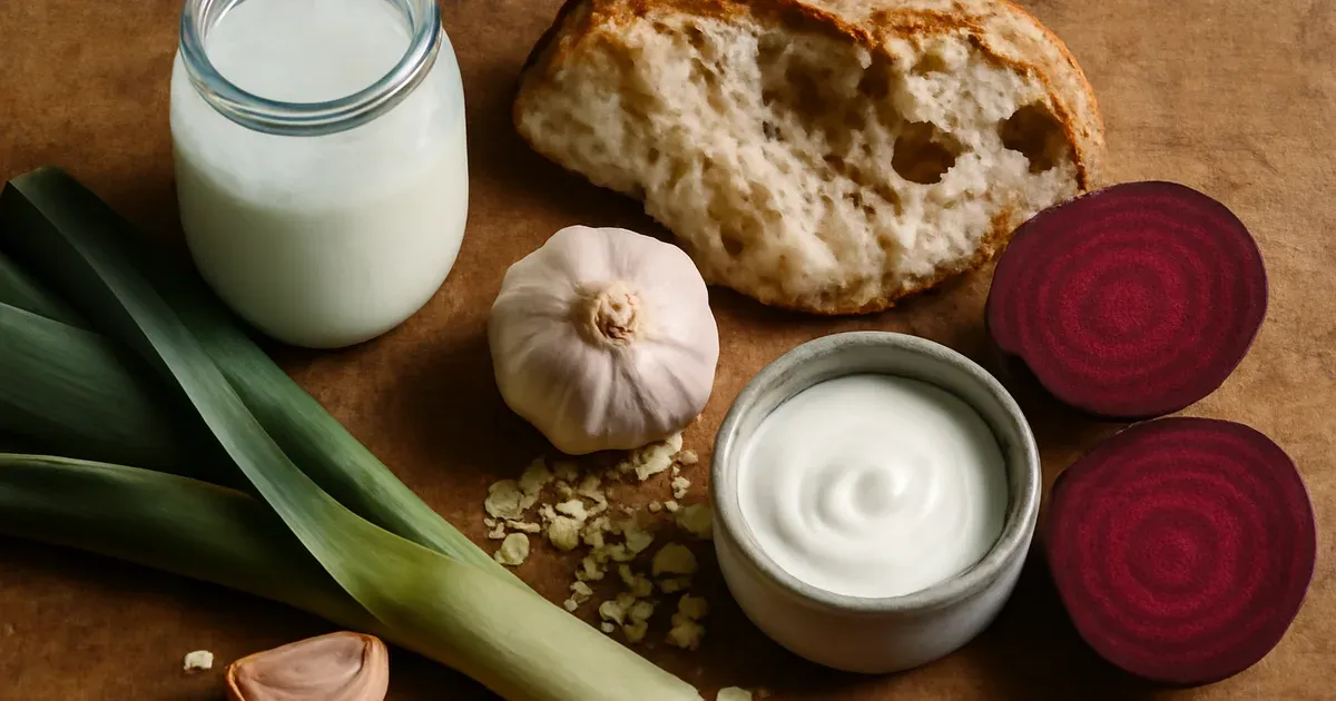 Gut-healthy British foods including kefir, oats, leeks and fermented vegetables supporting microbiome UK diversity