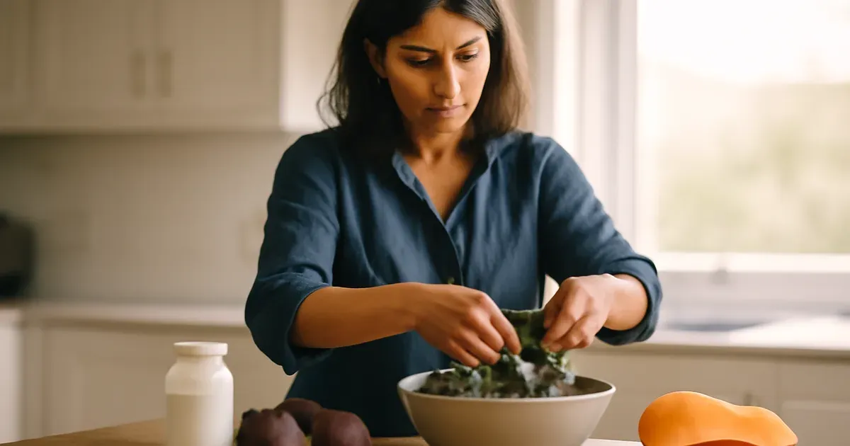 UK woman preparing a diverse plant-based meal to improve gut health naturally and support microbiome diversity