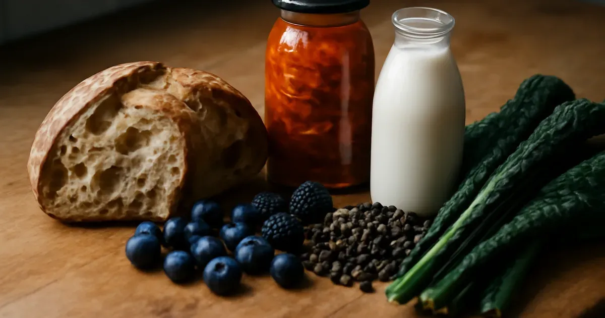 Diverse plant-based foods including wholegrains, vegetables, and fermented foods supporting gut health UK dietary recommendations