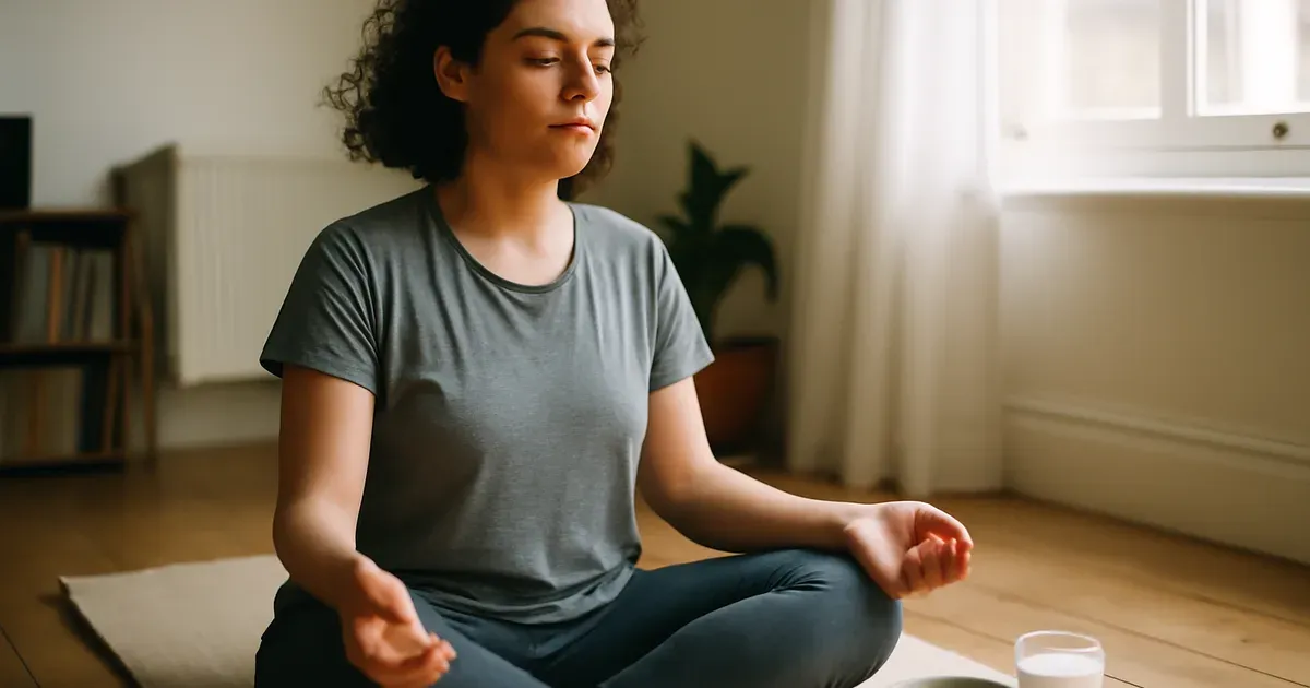 Person meditating with fermented foods nearby, representing natural ways to improve gut health and support the gut-brain connection in the UK