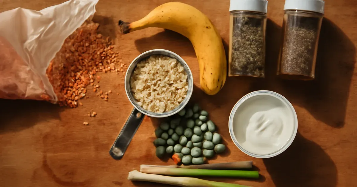 Diverse affordable plant foods supporting microbiome UK diversity including lentils oats peas banana yoghurt and herbs