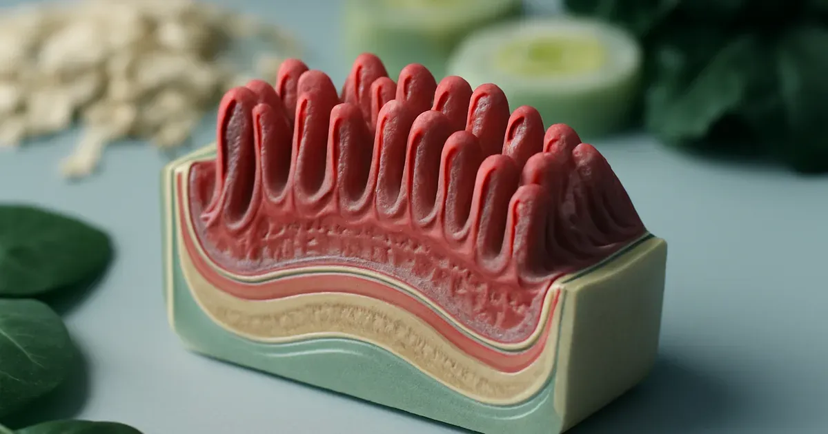Scientific illustration of gut microbiota alongside fibre-rich foods supporting gut health UK research